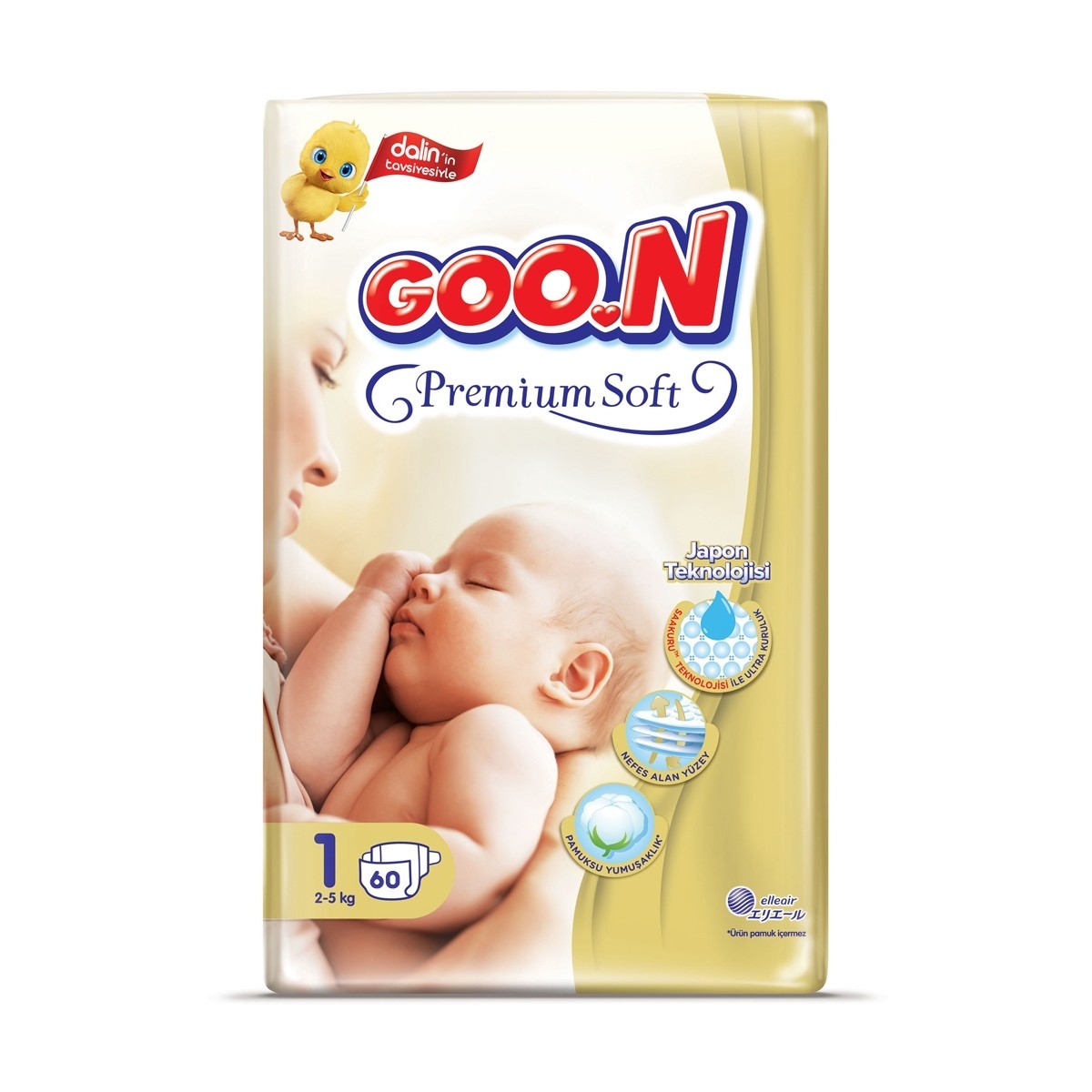 Goon Premium Soft 1 Beden Yenidoğan Bebek Bezi 25KG 1 Paket 60 Adet